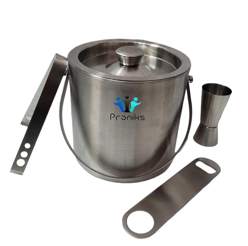 Proniks Stainless Steel Insulated Ice Bucket with Opener and Ice Tong and peg Measure 15 Liter Keeps Ice Cold for 6 h Great bar Tools for Home bar Accessories Mini bar Wine Medium - Image 1