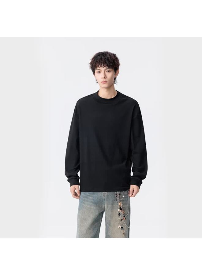 Izexx Heavyweight Men's T-shirt Spring Loose Casual Crew Neck Base Layer Sweatshirt Casual Top Zad03 Black 2XL - Image 5