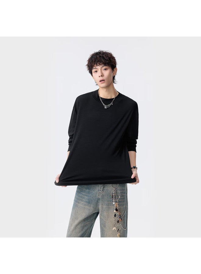 Izexx Heavyweight Men's T-shirt Spring Loose Casual Crew Neck Base Layer Sweatshirt Casual Top Zad03 Black 2XL - Image 3