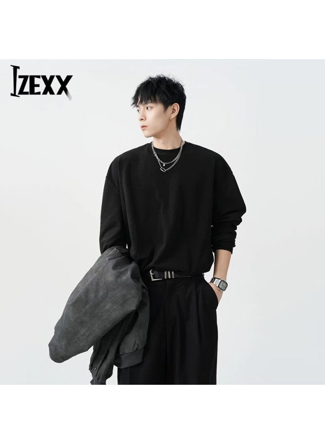 Izexx Heavyweight Men's T-shirt Spring Loose Casual Crew Neck Base Layer Sweatshirt Casual Top Zad03 Black 2XL - Image 1