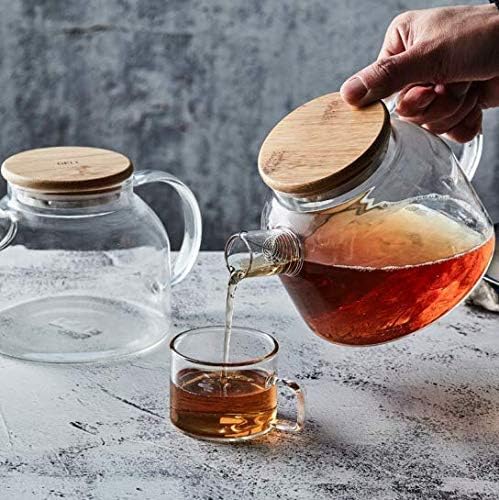 KHOLAD Glass Kettle 1 Teapot Wooden Lid with 1 Wooden Tray and 4 Tea Cup Tableware Serving Set Heat-Resistant Glass Hot Water Bottle Flower Brewed Loose Leaf Tea Filter Spout - 1000ml - Image 2