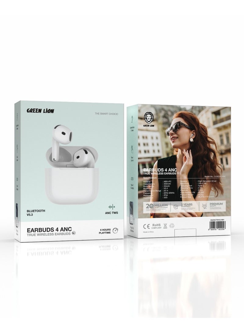GREEN LION True Wireless Earbuds 4 ANC with Touch Control and 6 Hours Playtime / Truewireless Headphones / Type-C Charging / Hands-Free Calling - White - Image 3