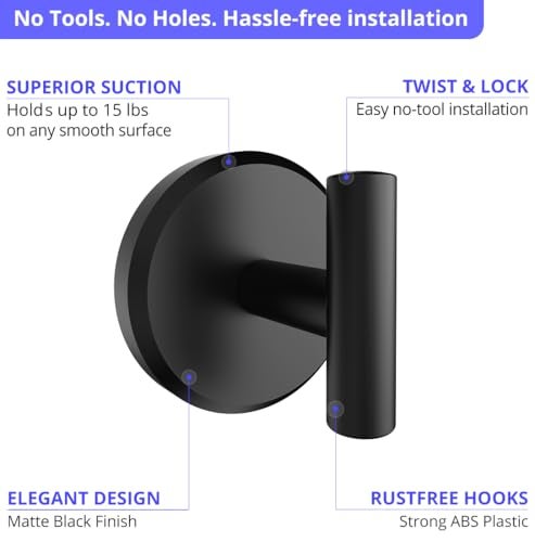 HOME SO Suction Cup Hooks T Shape (2 or 4 Pack) (Matte Black, 2, Count) - Image 5