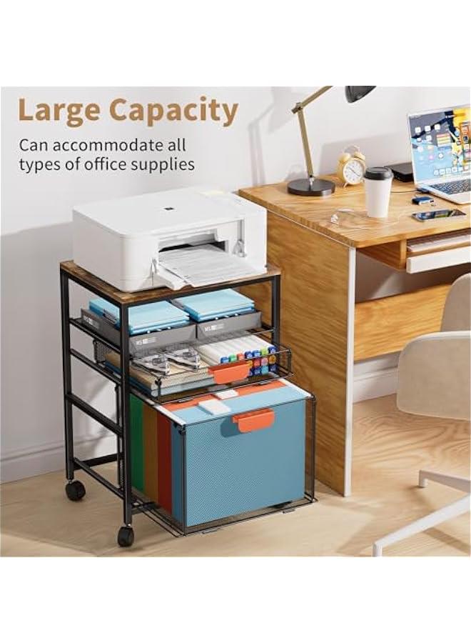 Arabest Rolling File Cart with Handle, Mobile File Cabinet on Lockable Wheels, Office Filing Cabinet Organizer, Printer Stand with Hanging File Folder Organizer for Home Office - Dark Brown  - Image 2