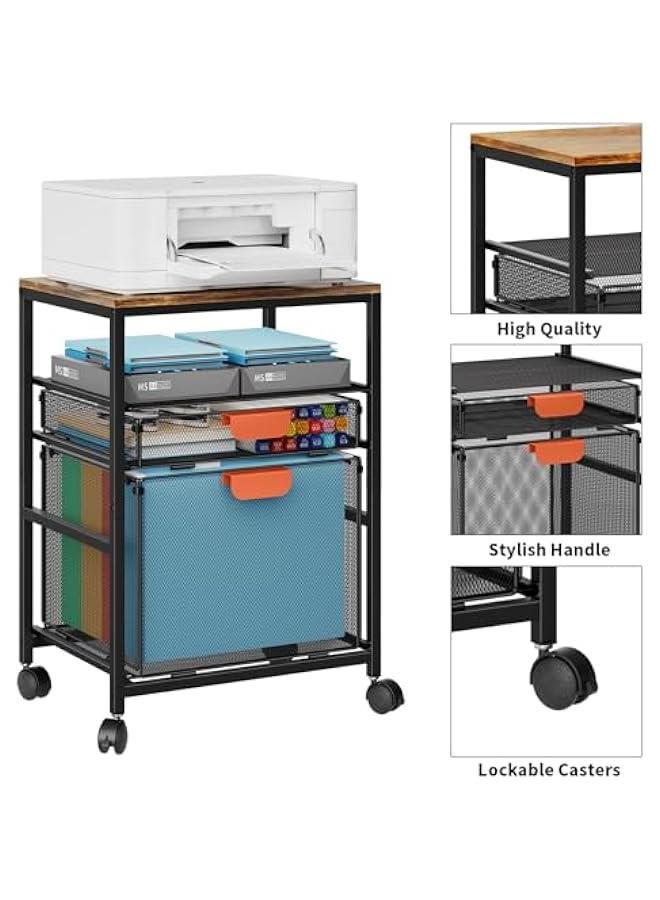 Arabest Rolling File Cart with Handle, Mobile File Cabinet on Lockable Wheels, Office Filing Cabinet Organizer, Printer Stand with Hanging File Folder Organizer for Home Office - Dark Brown  - Image 4