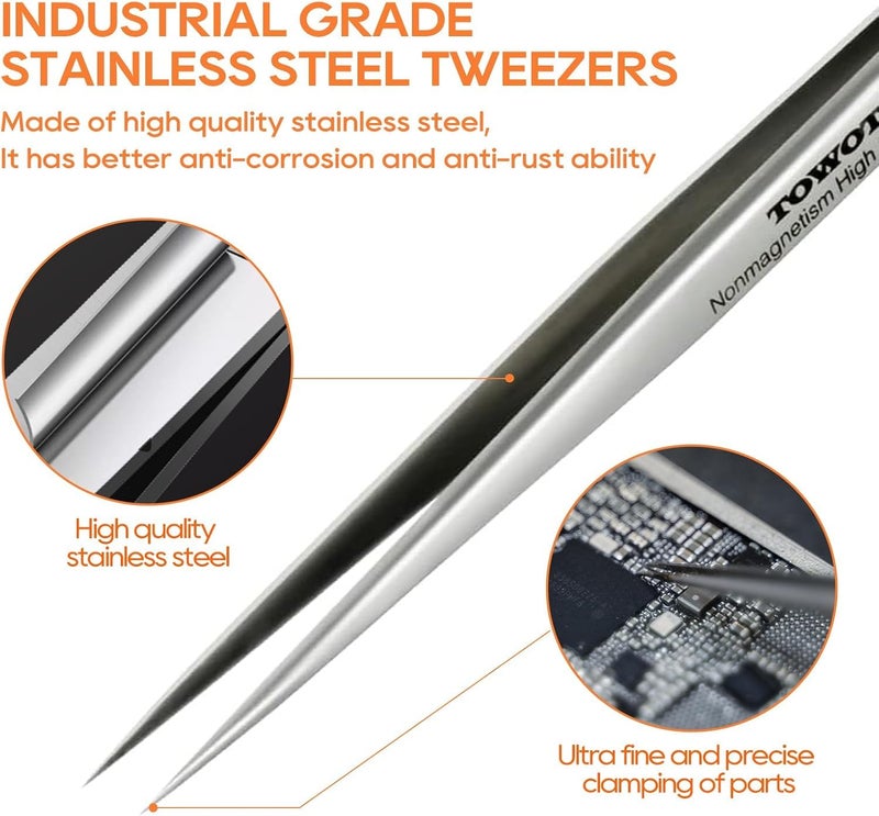 TOWOT Precision Tweezers, Stainless Steel Pointed Tweezers for Craft, Electronics, Soldering, Experimental Work, Jewelry-Making, Non-Magnetic Industrial Tweezers by TOWOT - Image 2