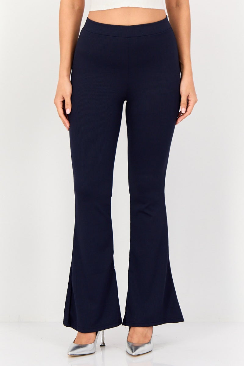 trendyol Women Regular Fit Ribbed Flared Pants, Navy - Image 1