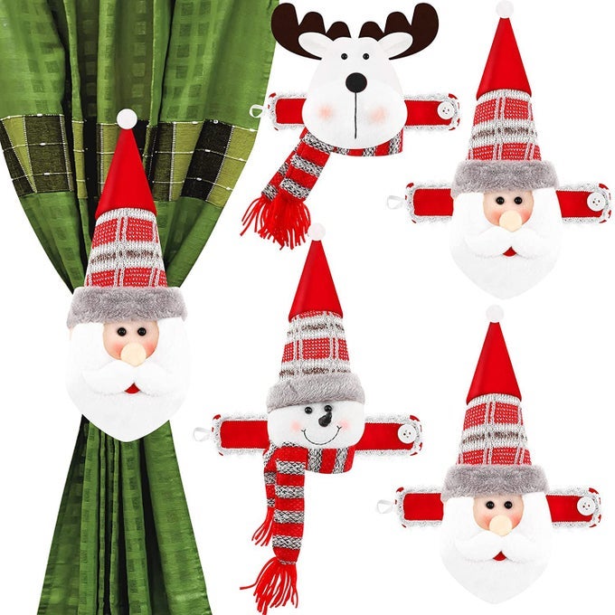 CHRISTMAS CURTAIN BUCKLE TIEBACK SET OF 4 CLAUS SNOWMAN DEER CURTAIN TIEBACKS HOLDBACK FASTENER BUCKLE CARTOON DOLL CURTAIN HOLDER FOR LIVING HOME HOTEL WINDOW CHRISTMAS DECOR