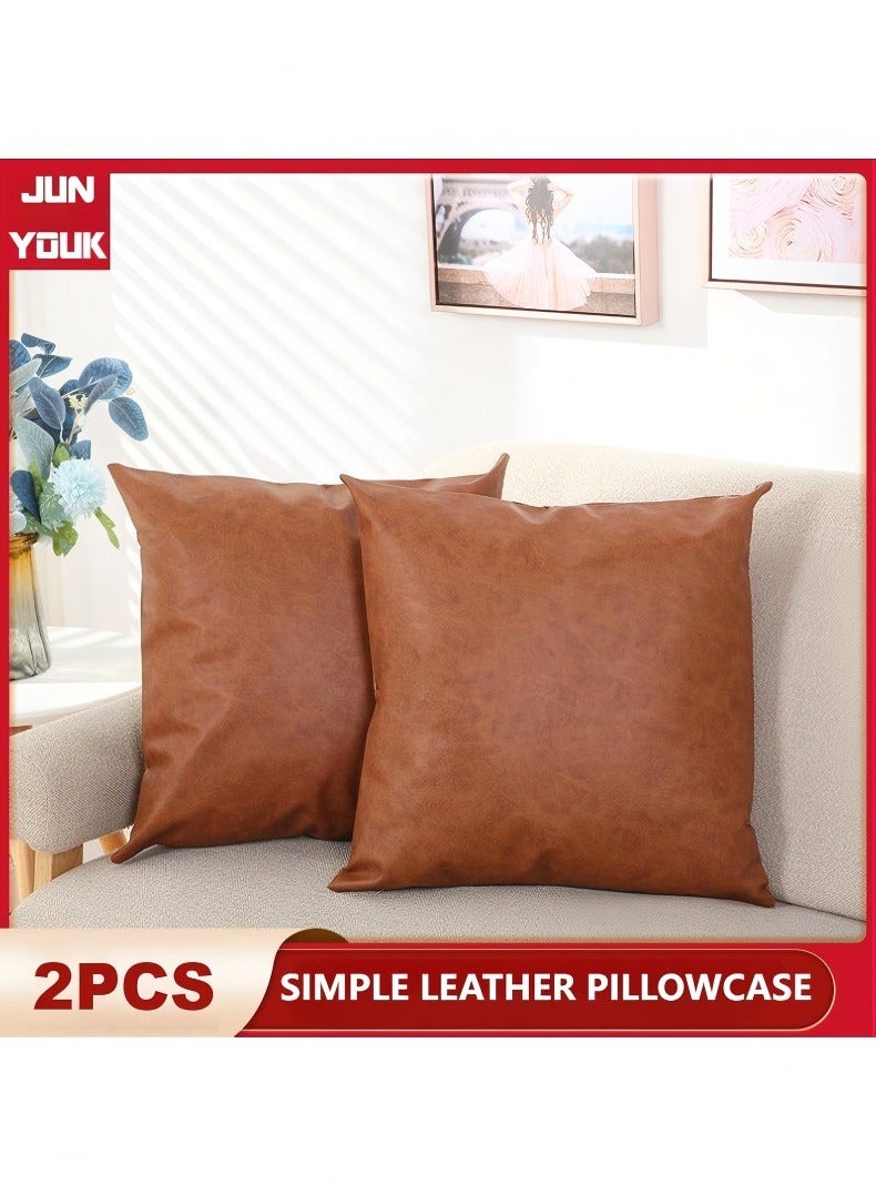 JUNYOUK Set of 2 Throw Pillow Covers, PU leather Pillow Cases, Decorative Modern Pillow Cushion Case for Couch Bedroom Living Room (Brow, 18 x 18 Inch) - Image 1