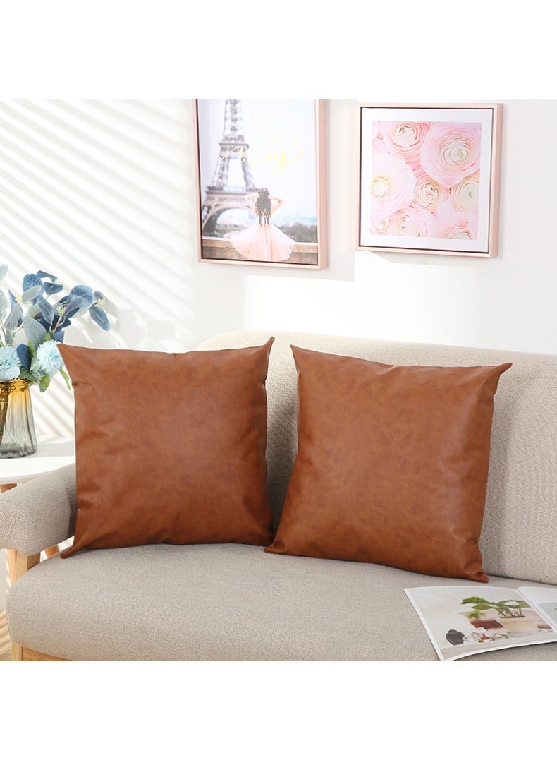JUNYOUK Set of 2 Throw Pillow Covers, PU leather Pillow Cases, Decorative Modern Pillow Cushion Case for Couch Bedroom Living Room (Brow, 18 x 18 Inch) - Image 2