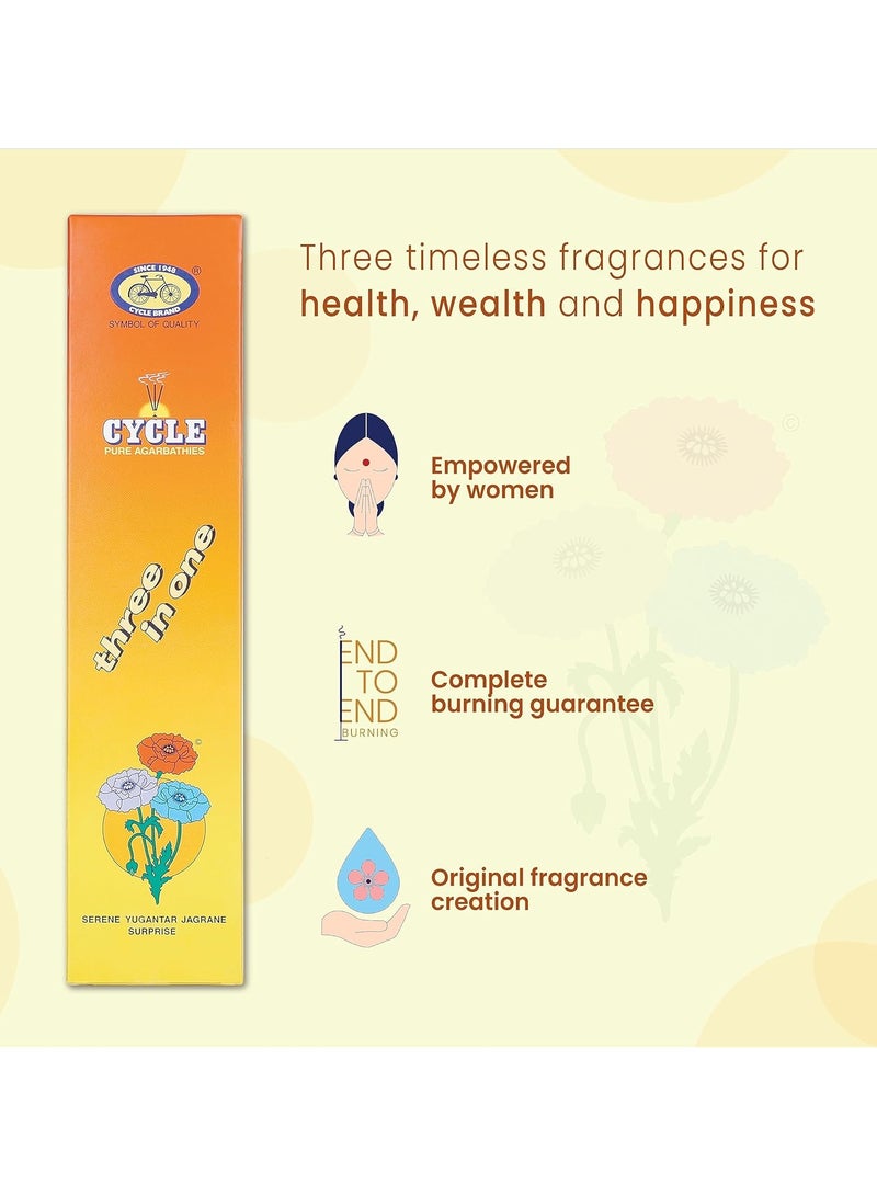 Cycle Pure Agarbatti Three in One Incense Sticks || Pack of 4 || 3 Signature Fragrances Floral, Woody, Lily I Natural Fragrance for Puja, Meditation, Refreshing Ambience