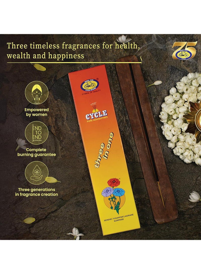 Cycle Pure Agarbatti Three in One Incense Sticks || Pack of 4 || 3 Signature Fragrances Floral, Woody, Lily I Natural Fragrance for Puja, Meditation, Refreshing Ambience