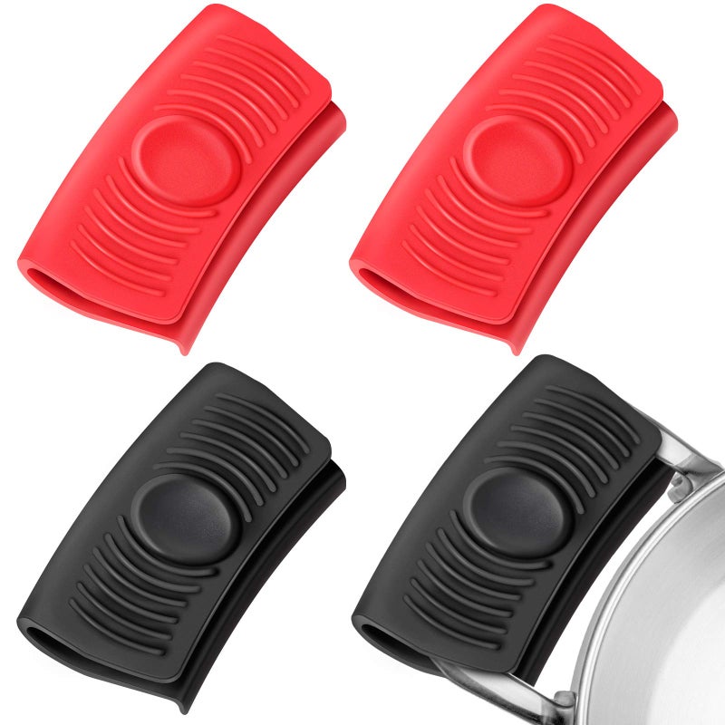 2 Pairs Silicone Assist Handle Holder Heat Insulated Hot Pot Grip Handle Cover Sleeve Grip for Cast Iron Woks Pans Griddles Skillets Plates Red and Black