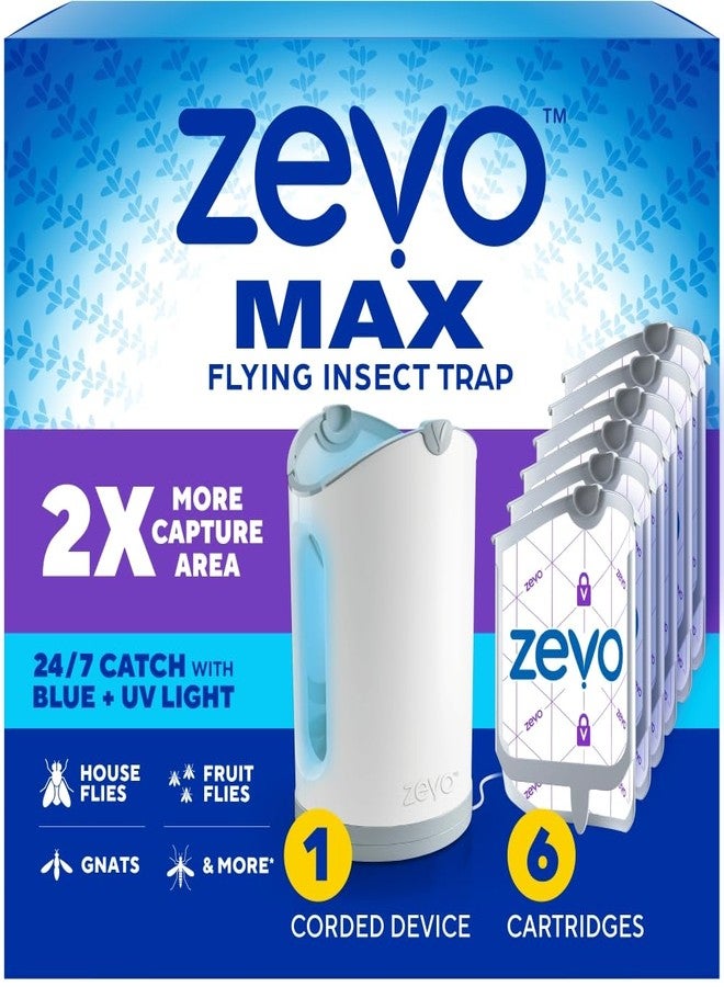 Zevo MAX Bug Catcher & Fly Trap for Indoors - Flying Insect Trap for Gnats, House & Fruit Flies - Use in Any Room - No-Mess Disposal (1 Plug in Base & 6 Cartridges) - Image 1