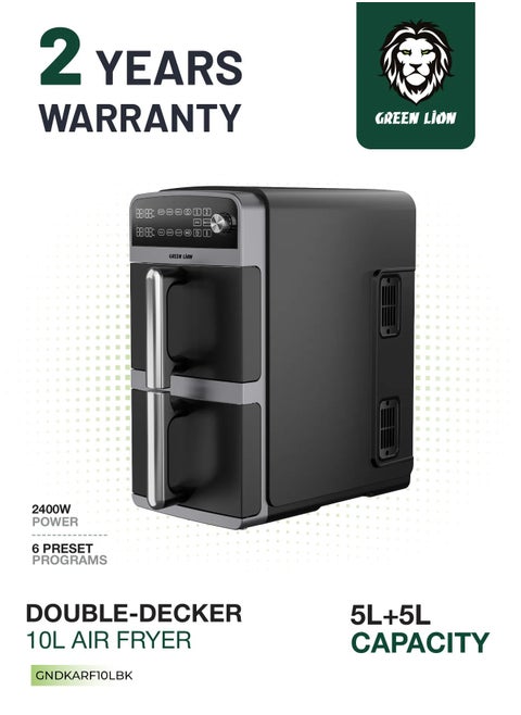 Double Decker Air Fryer 10L (5L+5L) 2400W with 6 Preset Programs/ Air Fry / Roast / Broil / Bake / Air Fry / Dehydrate / Reheat / Two Non-Stick Pots/ Non-Stick Racks / Efficient Cooking / Healthy Meals - Black