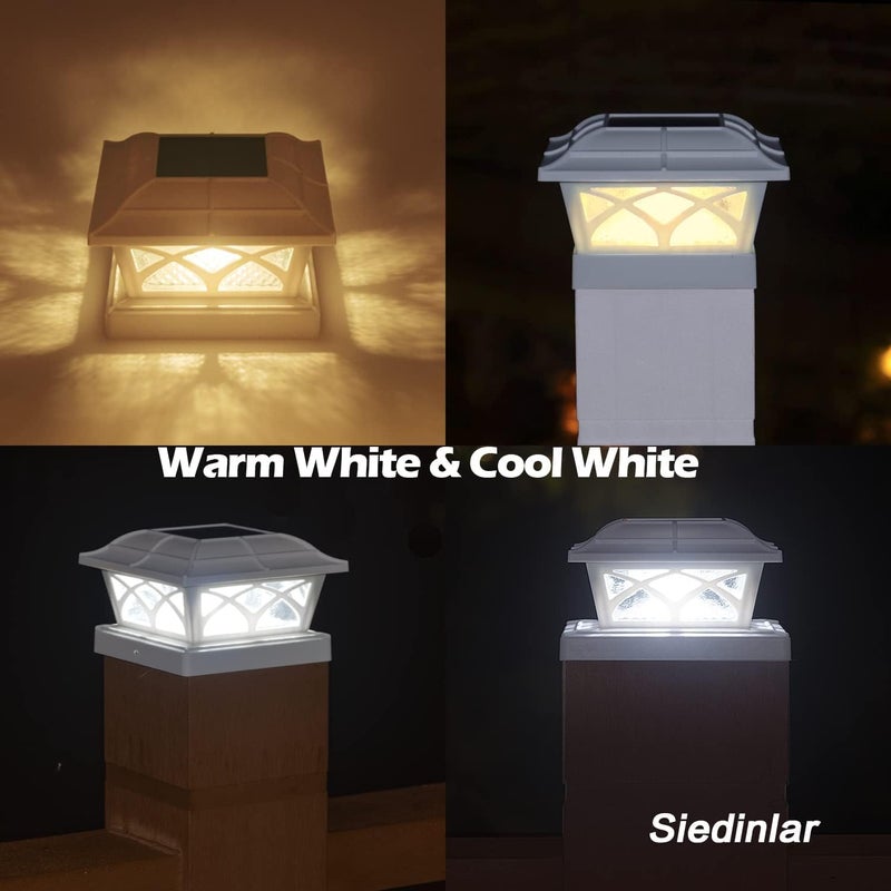SIEDiNLAR Siedinlar Solar Post Cap Lights Outdoor, 2 Modes Solar Powered Waterproof Fence Deck Light for 4x4 5x5 6x6 Posts Garden Patio Decoration Warm White & Cool White, White (4 Pack)  - Image 2
