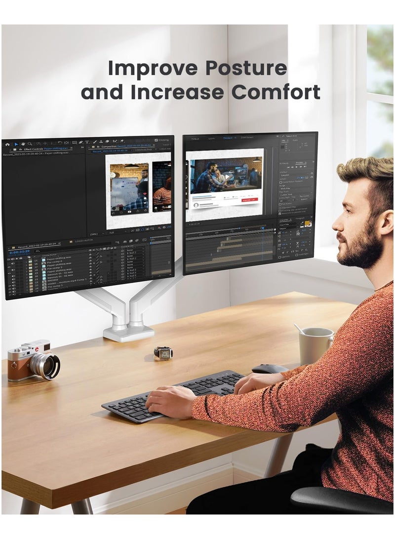 XiuWoo Dual Monitor Mount for 17–32 inch Screens, Max 22 lbs Each Arm, Adjustable Dual Monitor Stand, Sturdy Dual Monitor Arm with 180° Swivel, Tilt, 360° Rotation for Home Office, VESA 75/100mm,White  - Image 2