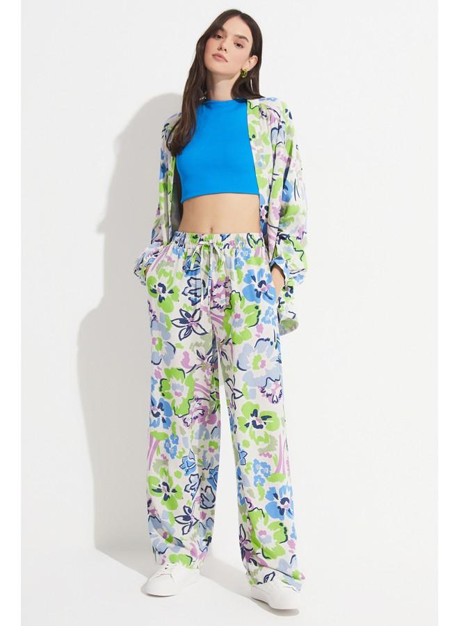 JUNE Women Exclusive Floral Patterned Linen Blend Kimono Green - Image 5