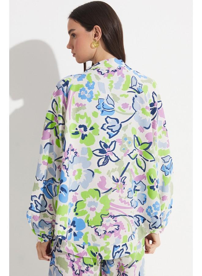 JUNE Women Exclusive Floral Patterned Linen Blend Kimono Green - Image 4