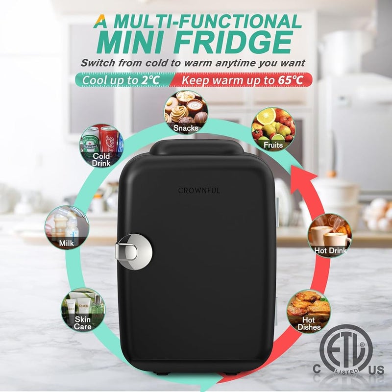 CROWNFUL Mini Fridge, 4 Liter 6 Can Portable Cooler and Warmer, Personal Fridge for Skin Care, Cosmetics, Food, Great for Bedroom, Office, Car, Dorm, ETL Listed (Black) - Image 3