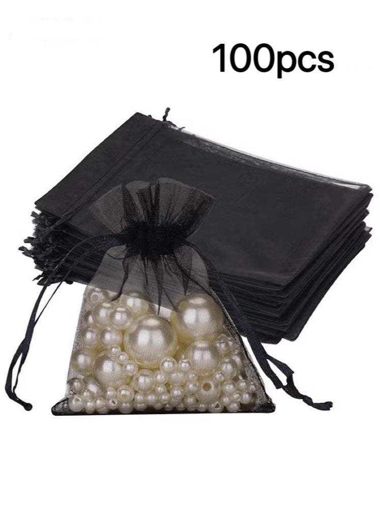 100Pcs Package 8 x 10CM Sheer Drawstring Organza Jewelry Pouches Wedding Party Favor Gift Bags, Little Mesh Gift Pouches Mini Candy Bags for Small Presents Jewelry Earrings（Black） - Image 1