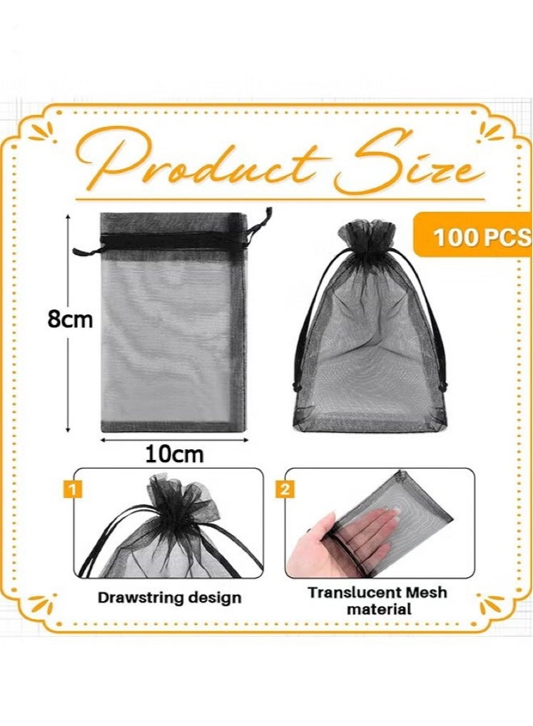 100Pcs Package 8 x 10CM Sheer Drawstring Organza Jewelry Pouches Wedding Party Favor Gift Bags, Little Mesh Gift Pouches Mini Candy Bags for Small Presents Jewelry Earrings（Black） - Image 2