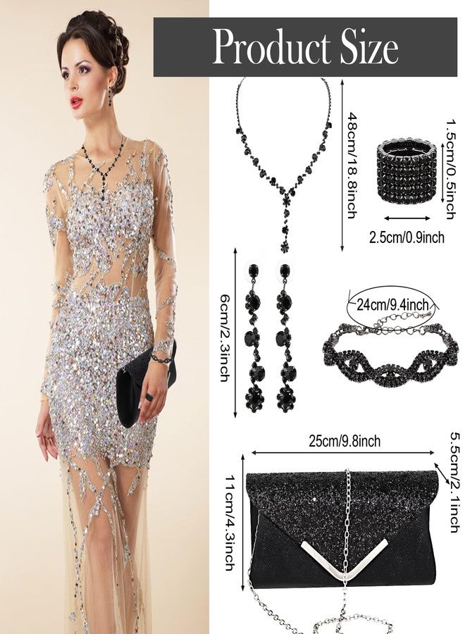 ACO-UINT 5 Pieces Black Clutch Purse Rhinestone Jewelry Sets for Women Prom Necklace Earrings Bracelet Ring Bling Glitter Purse Formal Jewelry for Women Evening Wear - Image 4