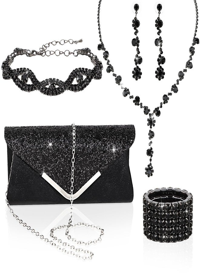 ACO-UINT 5 Pieces Black Clutch Purse Rhinestone Jewelry Sets for Women Prom Necklace Earrings Bracelet Ring Bling Glitter Purse Formal Jewelry for Women Evening Wear - Image 1