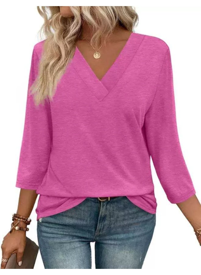 general WIHOLL 3/4 Length Sleeve Womens Tops V Neck Casual Tunic Tops Basic Shirts Loose Fit Blouse - Image 1