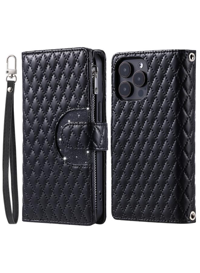 S-TOP Case For iPhone 16 Pro Max Glitter Lattice Zipper Wallet Leather Phone Case - Image 3