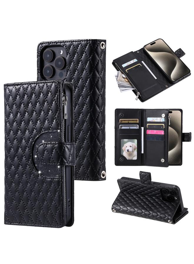 S-TOP Case For iPhone 16 Pro Max Glitter Lattice Zipper Wallet Leather Phone Case - Image 1