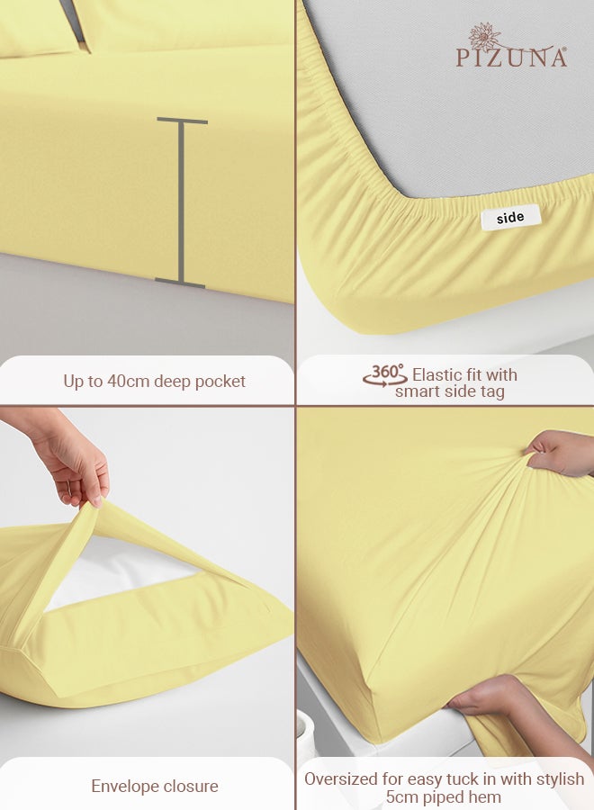Pizuna Pure Combed Cotton Bed Sheet Set Queen Size Mellow Yellow, 400 Thread Count Cozy Luxury 100% Long Staple Cotton Sateen Weave Bedsheets Set (1 Flat Sheet, 1 Fitted Sheet, 2 Pillowcases) - Image 4