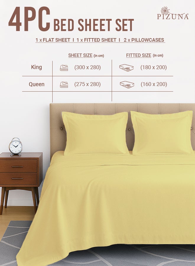 Pizuna Pure Combed Cotton Bed Sheet Set Queen Size Mellow Yellow, 400 Thread Count Cozy Luxury 100% Long Staple Cotton Sateen Weave Bedsheets Set (1 Flat Sheet, 1 Fitted Sheet, 2 Pillowcases) - Image 3