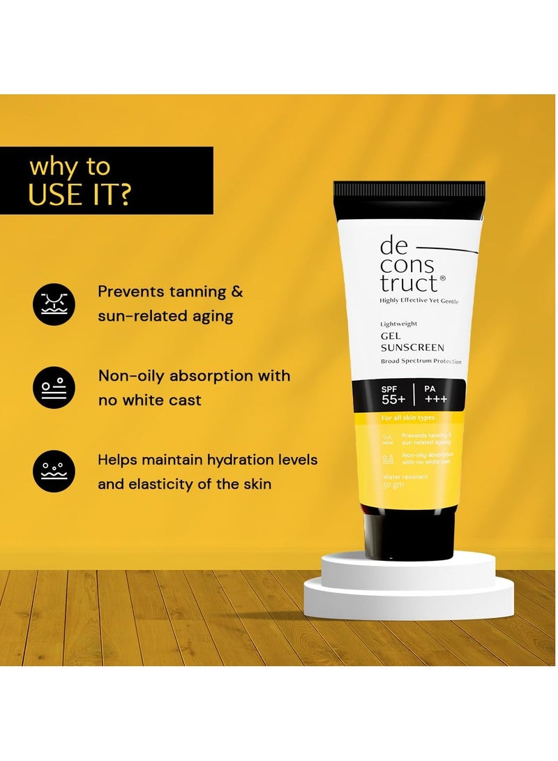 Deconstruct Face Gel Sunscreen SPF 55+ and PA+++ | Gel based sunscreen for oily, combination, acne prone & normal skin| Broad spectrum sunscreen, No White Cast, Lightweight - 50g each, pack of 2 - Image 2