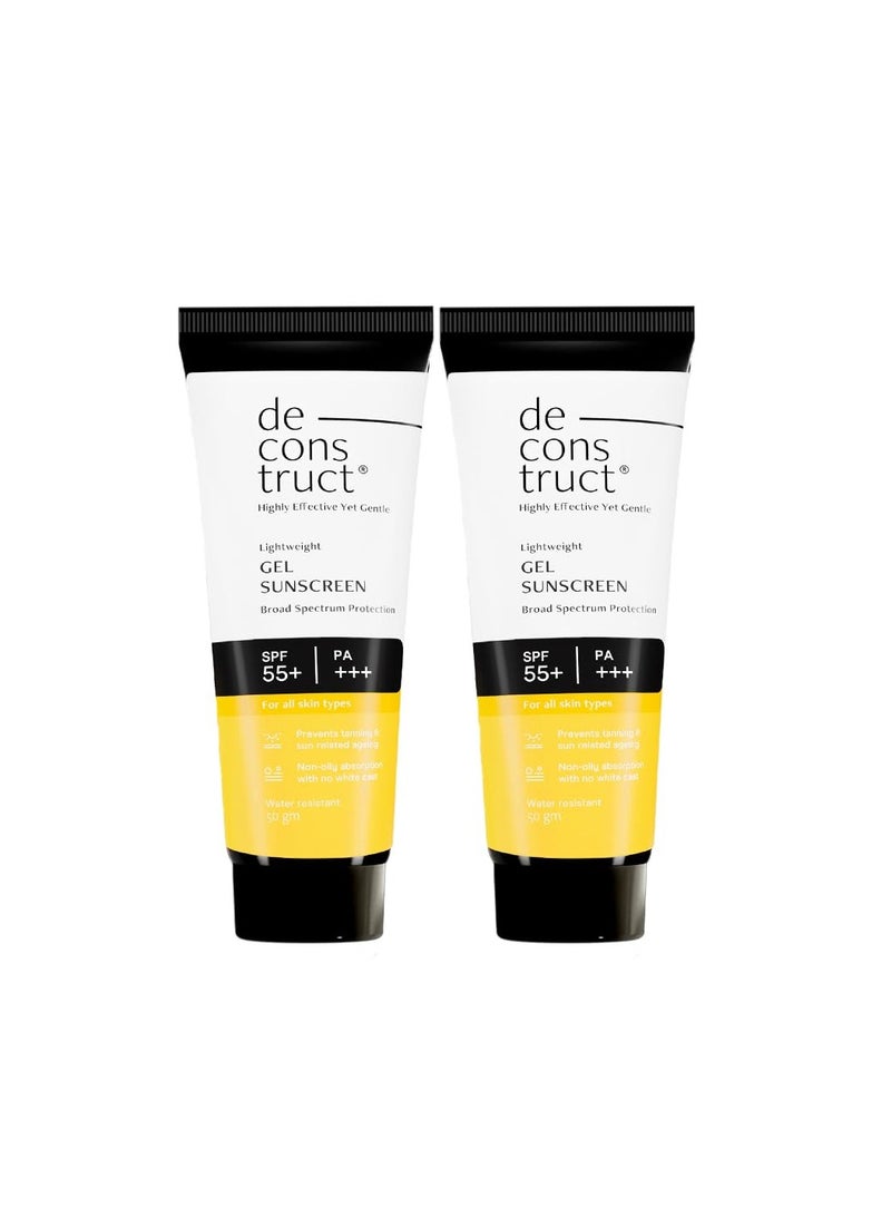 Deconstruct Face Gel Sunscreen SPF 55+ and PA+++ | Gel based sunscreen for oily, combination, acne prone & normal skin| Broad spectrum sunscreen, No White Cast, Lightweight - 50g each, pack of 2 - Image 1