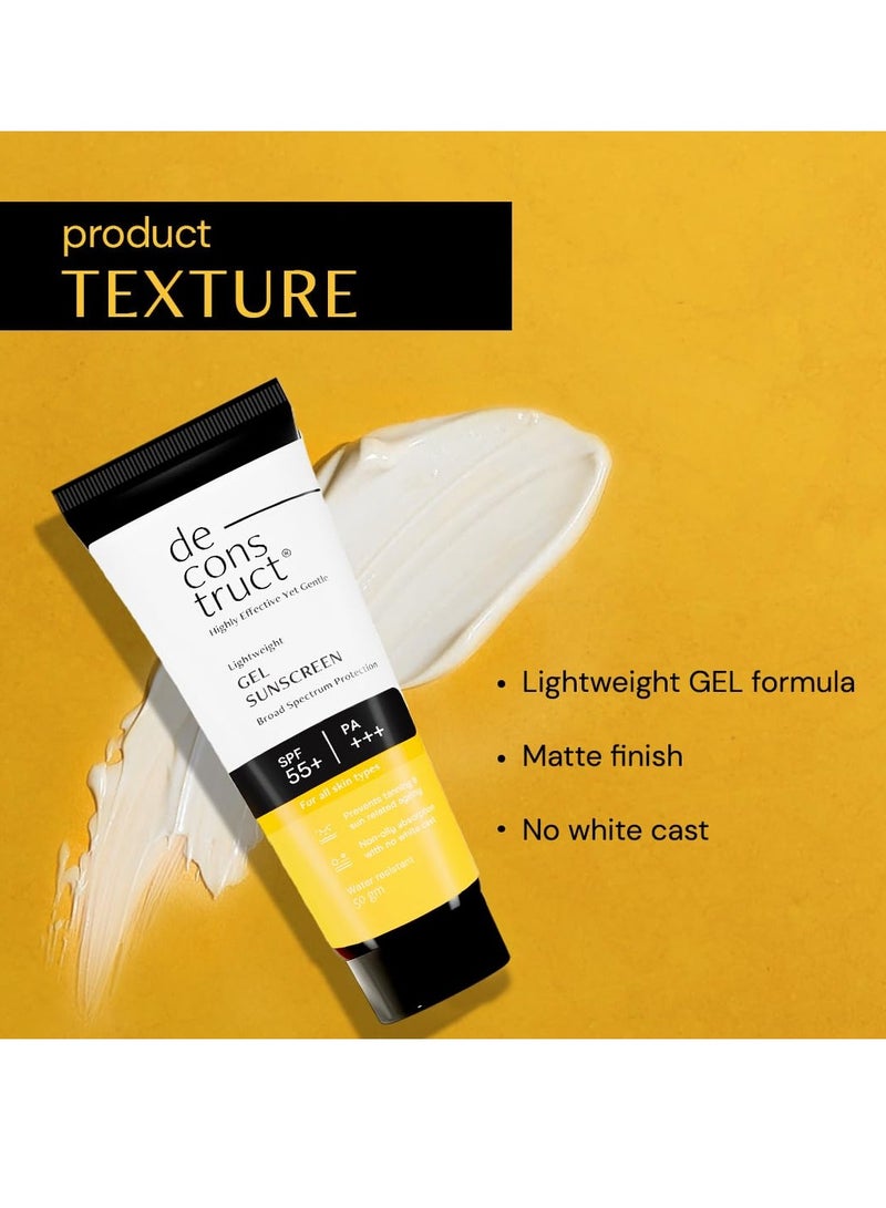 Deconstruct Face Gel Sunscreen SPF 55+ and PA+++ | Gel based sunscreen for oily, combination, acne prone & normal skin| Broad spectrum sunscreen, No White Cast, Lightweight - 50g each, pack of 2 - Image 3
