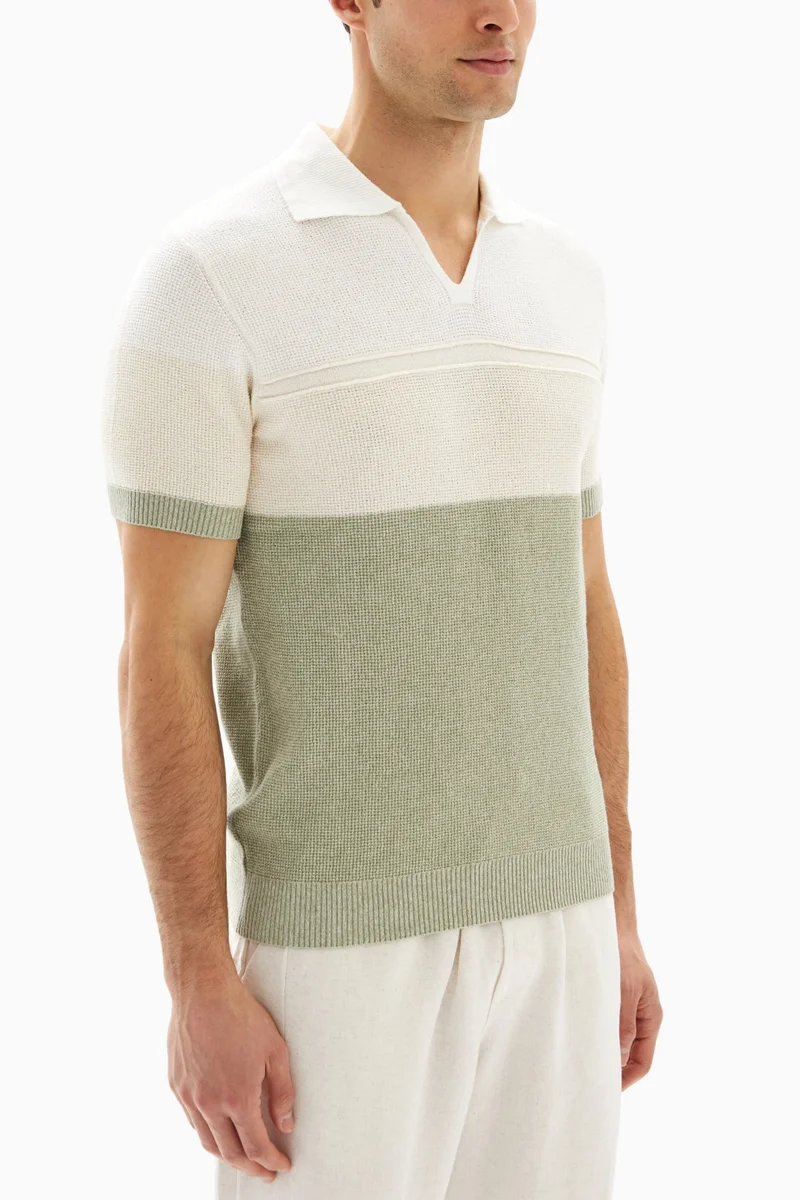 وي كرييت White/Green V-neck Polo Shirt By WECRE8