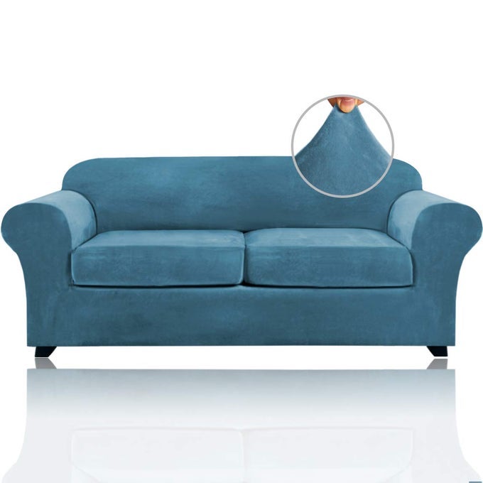 COUCH COVER VELVET PLUSH SOFA COVERS FOR 2 CUSHION COUCH WIDTH UP TO 90 INCH WASHABLE FURNITURE PROTECTOR PET FRIENDLY NO SLIP SOFA SLIPCOVERMEDIUMLARGE BLUE