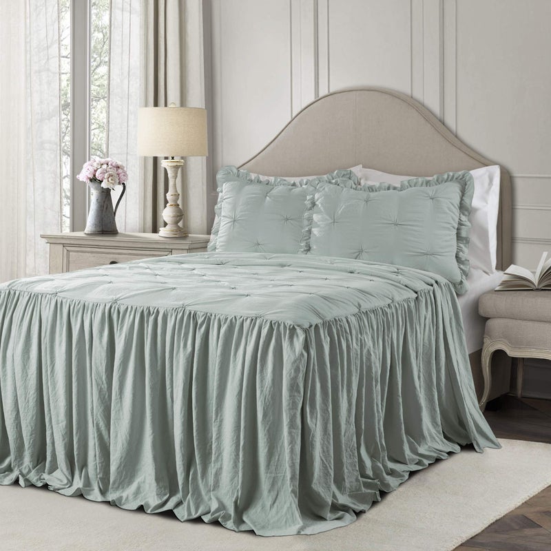 Lush Decor Lush Decor Ravello Pintuck Ruffle Skirt Bedspread Set  Luxe 3 Piece Ruffled Bedding Set  Traditional Glam  Farmhouse Inspired Bedroom Decor  King Blue 