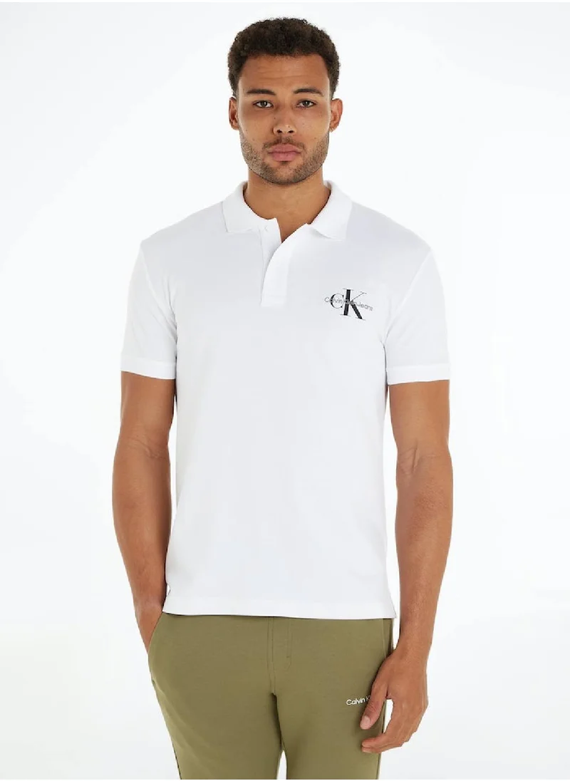 CALVIN KLEIN Men's Monogram Logo Short Sleeve Polo - Cotton, White