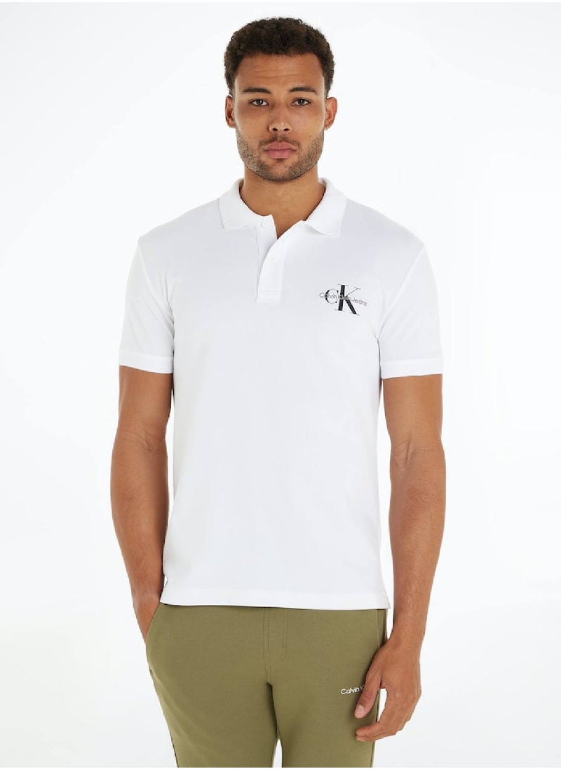 CALVIN KLEIN Men's Monogram Logo Short Sleeve Polo - Cotton, White  - Image 1