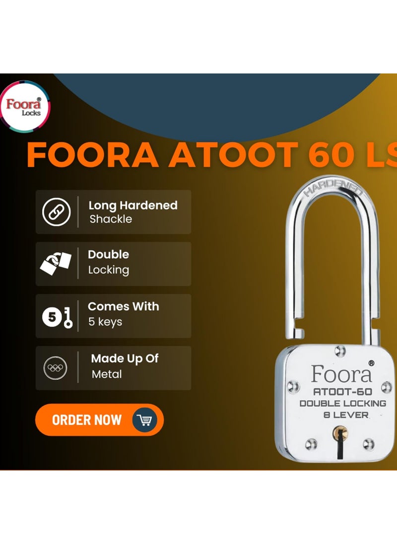 Foora Foora Long Shackle Lock and Keys Door Lock for Home atoot 60mm Hardened Shackle Padlock with 5 Keys and 1 Key Ring Double Locking 8 Lever  - Image 2