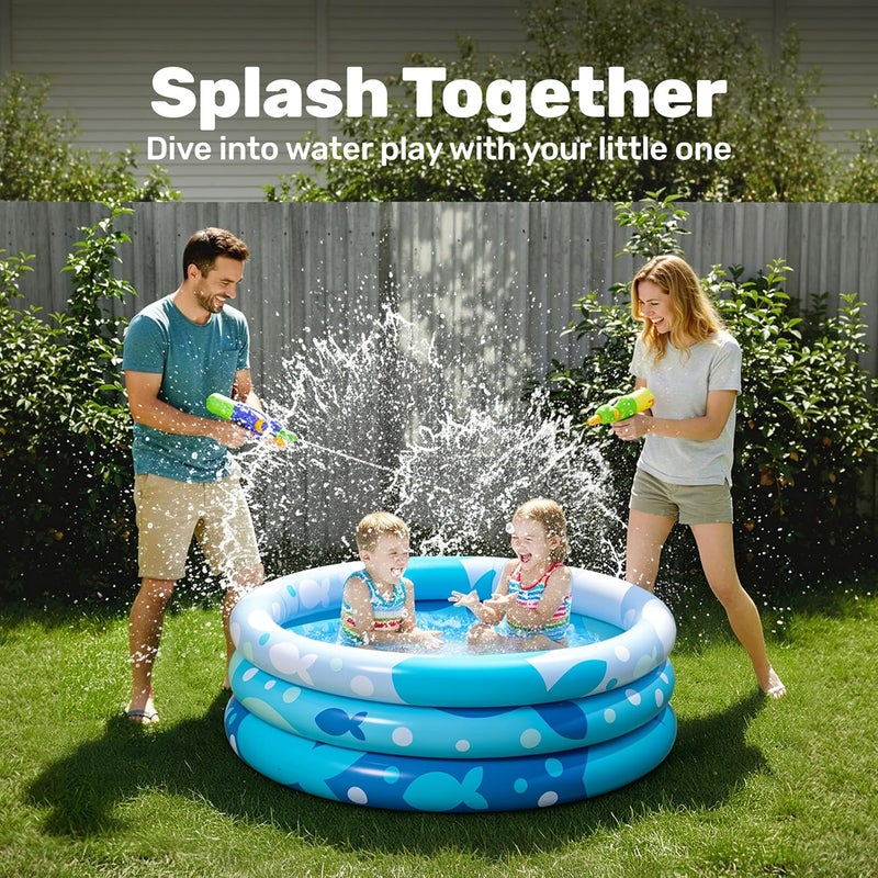 Sloosh Inflatable Kiddie Pool Blue with Geometric Pattern Swimming Pool 3-Rings for Kids Indoor & Outdoor 34 Inches - Image 3