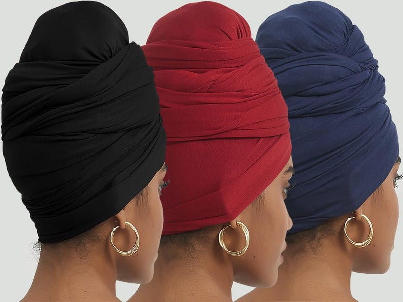 corciova Black Navy Blue Carnelian 3 Pcs Long Soft Head Wrap Turban Headband for Black Women Two Way Stretch Fashion African Head Covering Jersey Hijab Scarf - Image 5