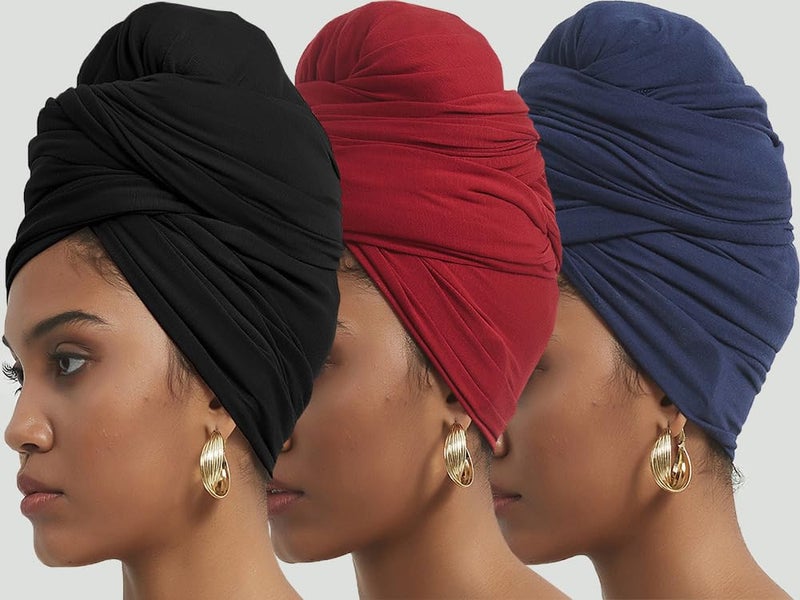 corciova Black Navy Blue Carnelian 3 Pcs Long Soft Head Wrap Turban Headband for Black Women Two Way Stretch Fashion African Head Covering Jersey Hijab Scarf - Image 3