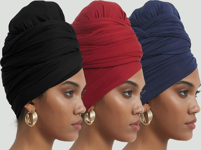 corciova Black Navy Blue Carnelian 3 Pcs Long Soft Head Wrap Turban Headband for Black Women Two Way Stretch Fashion African Head Covering Jersey Hijab Scarf - Image 2