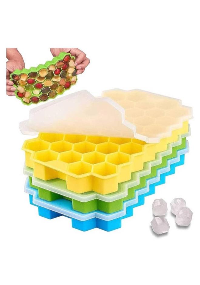 تانجبلب حزمة من 3 قوالب الثلج سيليكون قوالب مكعبات الثلج الممتازة صانع 37 تجويف علبة الثلج السيليكون لصواني مكعبات الثلج المجمدة مع غطاء (متعدد الألوان) - Image 1