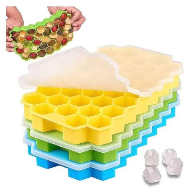 تانجبلب حزمة من 3 قوالب الثلج سيليكون قوالب مكعبات الثلج الممتازة صانع 37 تجويف علبة الثلج السيليكون لصواني مكعبات الثلج المجمدة مع غطاء (متعدد الألوان) - Image 1