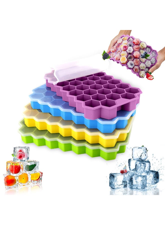TANGBLIB Pack of 3 Silicone Ice Mold Premium Ice Cube Moulds Maker 37 Cavity Silicon Ice Tray for Freezer Ice Cube Trays with Lid (Multicolor) - Image 1