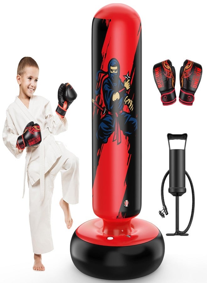 QPAU Children's Punch Bag, Inflatable Standing Punch Bag for 3-8 Children, Gifts for Boys and Girls, Standing Punch Bag, Children's Set for Practice Karate, Taekwondo, MMA (Black and Red) - Image 1